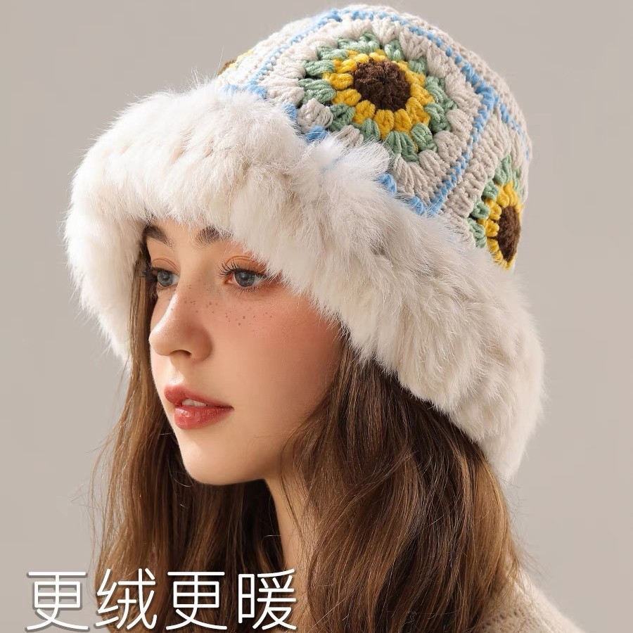 民族风兔毛针织帽女秋冬季手工钩针毛线帽显脸小田园风毛绒渔夫帽