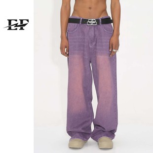 Ef Jeans |   American Style Retro Distressed Gradient Purple Loose Wide Leg Jeans for Men and Women