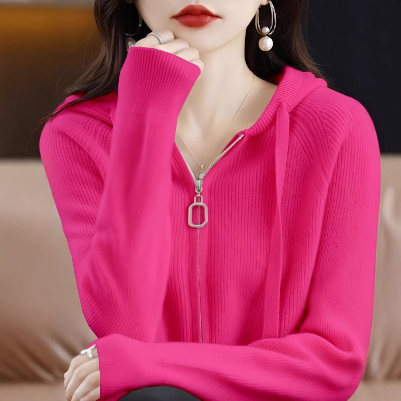 2025春秋新款连帽开衫女拉链上衣宽松连帽外搭毛衣女针织衫外套 A