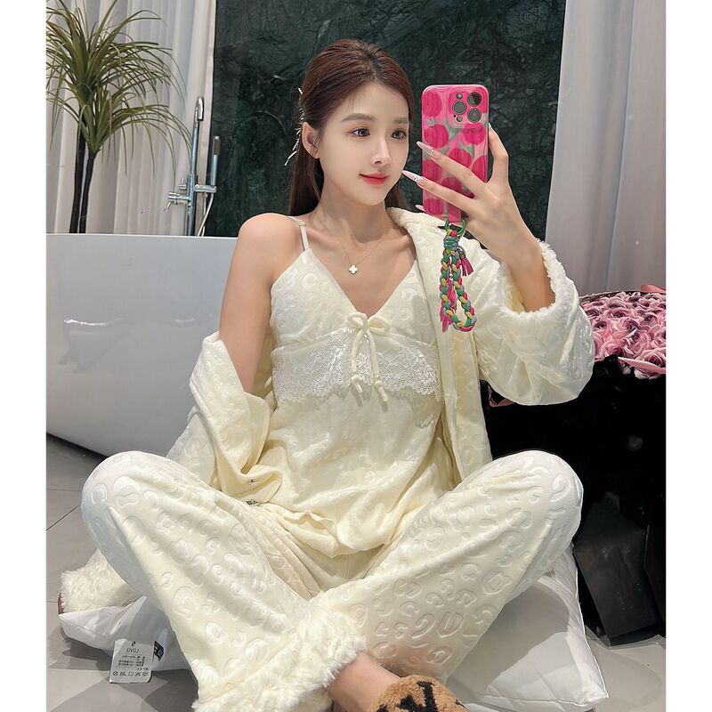 Autumn and Winter Thickeneded and Warm Pure Lust Style V Neck Chest Pad Suspender Three-Piece Set Furry Princess Style Home Wear Long Sleeves