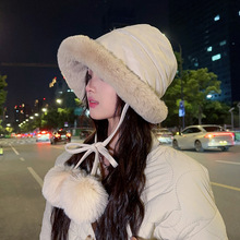 可爱毛毛球麂皮绒渔夫帽女秋冬加厚加绒保暖防寒护耳帽子毛绒盆帽
