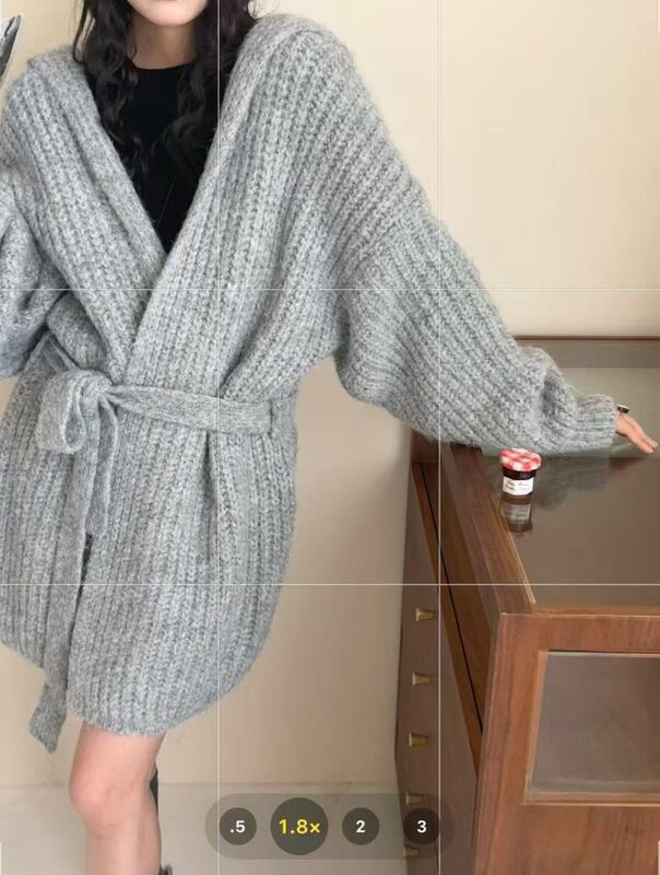 韩系高级感v领开衫毛衣外套女秋冬新款宽松慵懒收腰绑带针织上衣|undefined