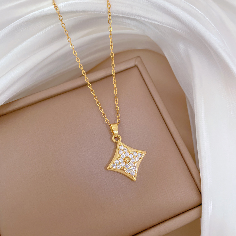 【 Titanium Steel 】 Necklace and earring set, light luxury diamond-shaped four-leaf flower full diamond, personalized and elegant banquet earrings and necklace set pic 12