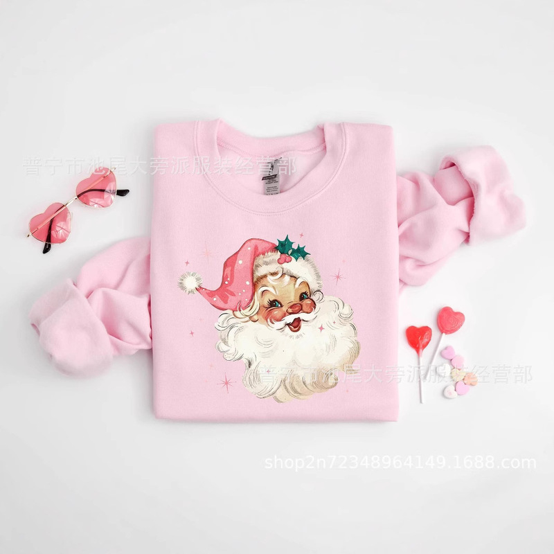 Cross-border European direct sales Santa Claus group party milk powder color casual sweater women's custom print shirt Cross-border European direct sales Santa Claus group party milk powder color casual sweater women's custom print shirt