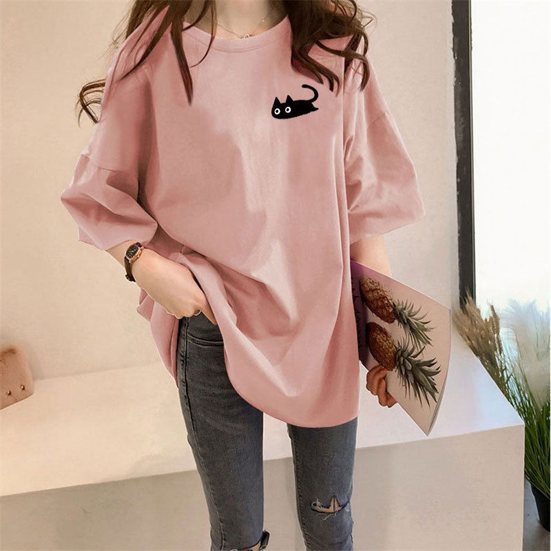 2025 New Summer Style Round Neck Loose Short-Sleeved T-Shirt for Female Students Lazy Style Printed Mid-Length T-Shirt Top for Women