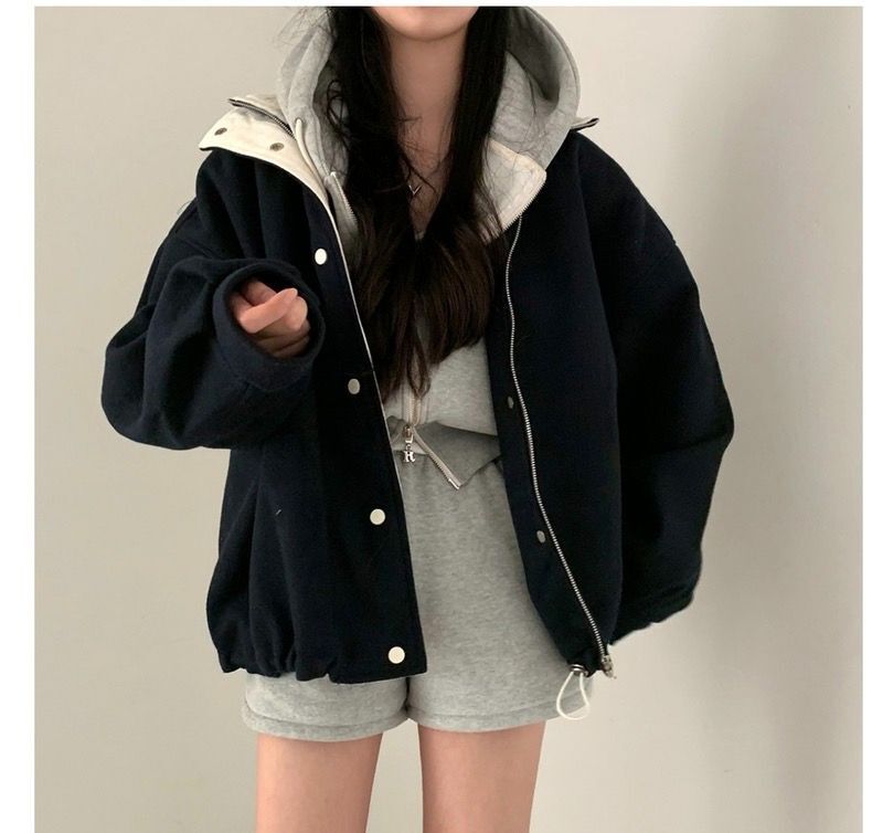 法式2025春季新款复古灰色毛呢外套女气质宽松夹克棒球服外套上衣|undefined