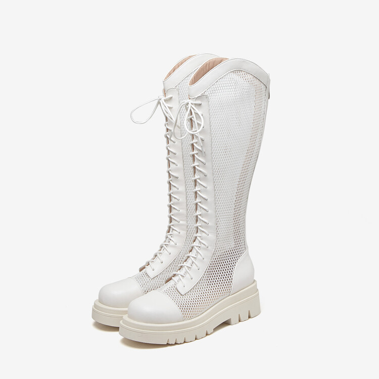 Boot lưới da thật cổ cao đế dày thoáng khí mùa xuân hè phong cách kỵ sĩ buộc dây — Màu nâu ống lớn, Màu đen cổ ống lớn, Ống nhỏ màu đen, Ống nhỏ màu be chi tiết 67