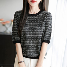 2025年复古闪光天丝圆领针织衫短袖T恤女拼色套头宽松打底衫上衣