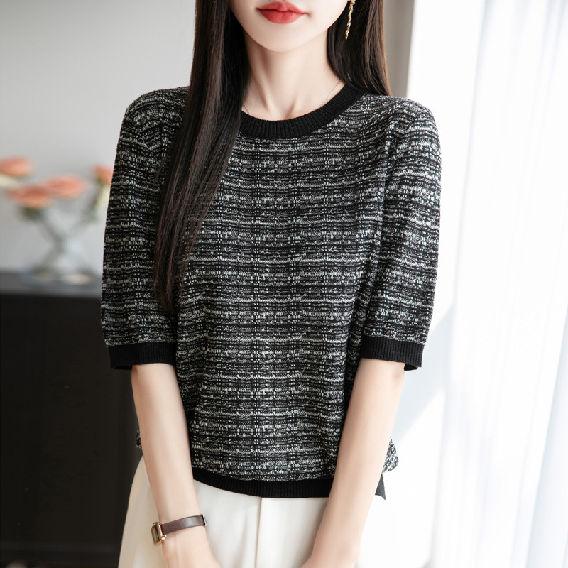 2025 Vintage Flash Tencel Crewneck Knit Short-sleeved T-shirt Women's Colorblock Pullover Loose Base Shirt Top