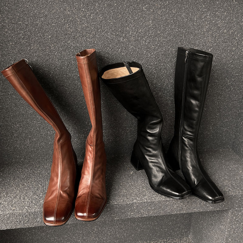 包括靴筒全头层水洗牛皮高筒靴子长筒靴女  里外全皮高跟骑士靴