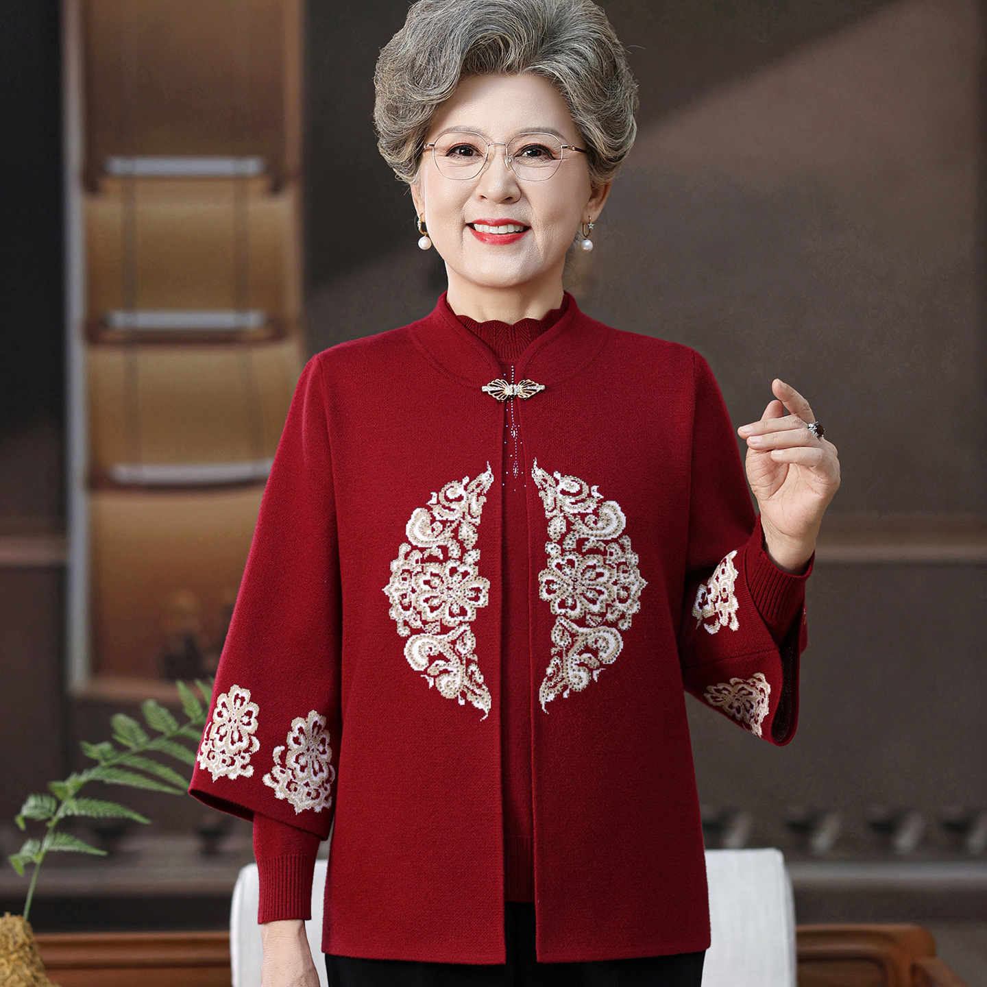 奶奶秋装毛衣开衫60岁70老太太针织两件套套装本命年妈妈装短外套，女装套装/套裙，妃慕昵服饰