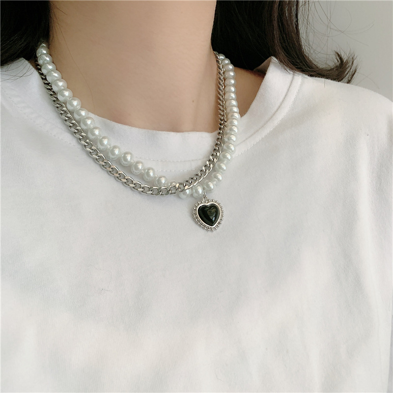 fashion new style Double Titanium Steel Pearl Necklace