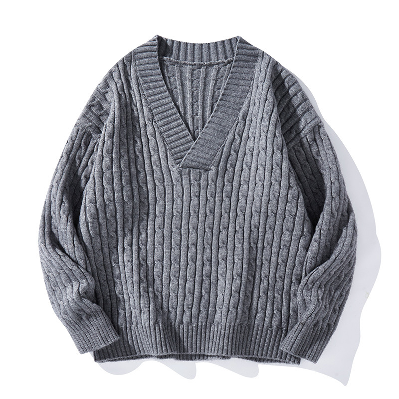 Herren-Strickpullover mit V-Ausschnitt, Herbst/Winter, Oversize-Schnitt, lässig, locker, dünnes Garn, College-Stil, Acrylmischung, minimalistischer, strukturierter Pullover_voghion.com