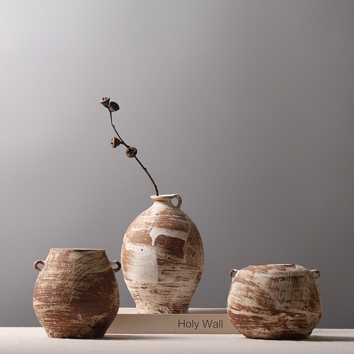 Wabi-sabi style small terracotta jar, guesthouse interior decoration, creative floral vases for living room and tea room, rustic terracotta desk ornaments