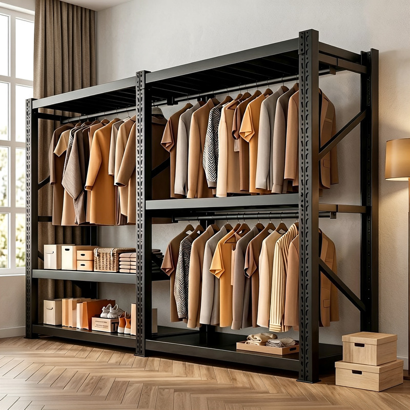 Shelf Clothes Rack for Home Use, Bedroom Combination Coat Rack, Rental Room Clothing Storage, Easy-To-Assemble Metal Angle Steel Wardrobe