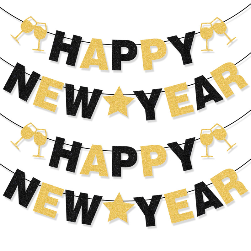 2025国境を越えた新年のキラキラピンクの黒金バナーHAPPY NEW YEARアルファベット乾杯旗卸売りカスタム|undefined