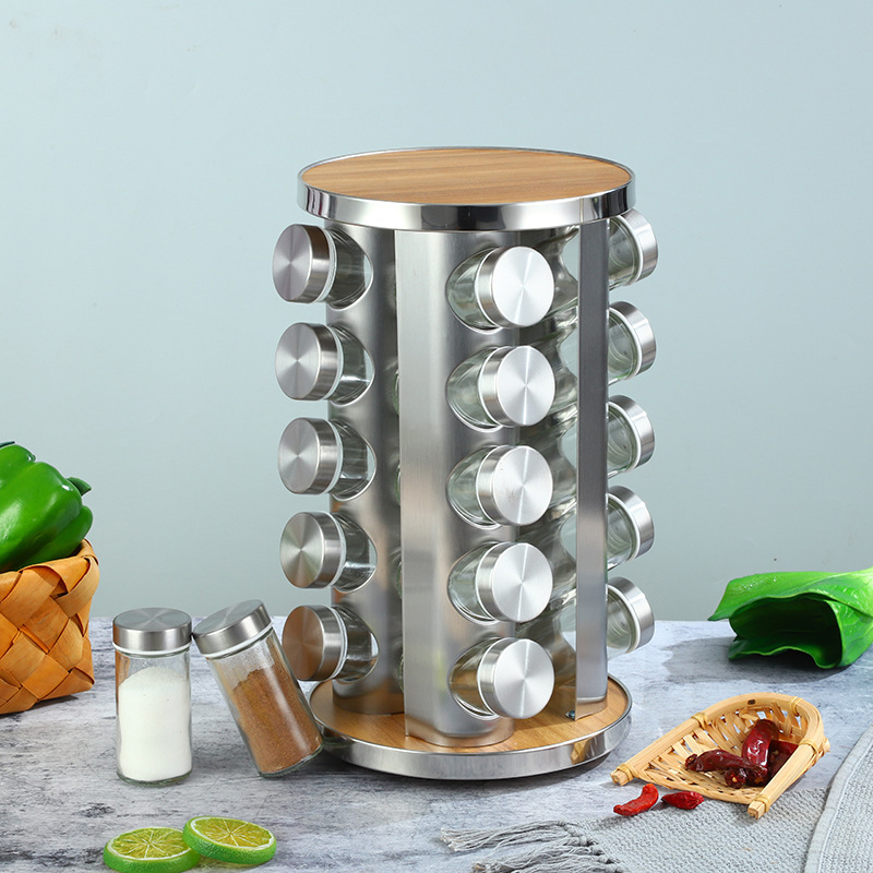 Europa y los Estados Unidos nuevos soporte de condimento de hierro inoxidable 20 botellas de soporte de condimento giratorio estante de almacenamiento de cocina cabello recto