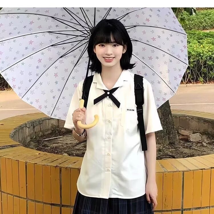 [Top Student Lady] Original Jk Uniform Embroidered Shirt, Off-White Open-Front Cuban Collar Short-Sleeve Shirt for Women, Summer
