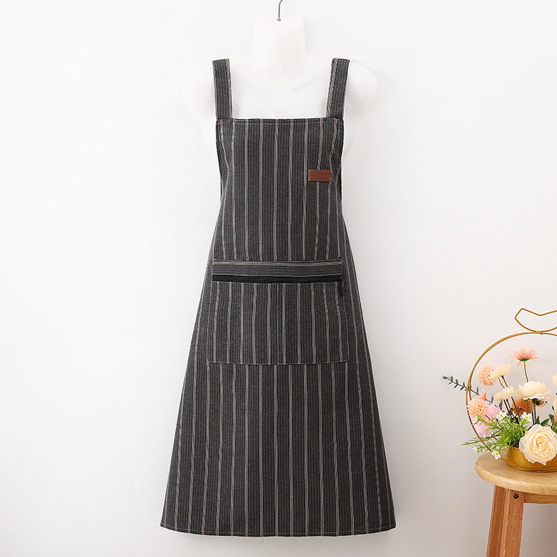 Vertical Striped Long Sleeve Apron With Large Pocket For Kitchen_voghion.com