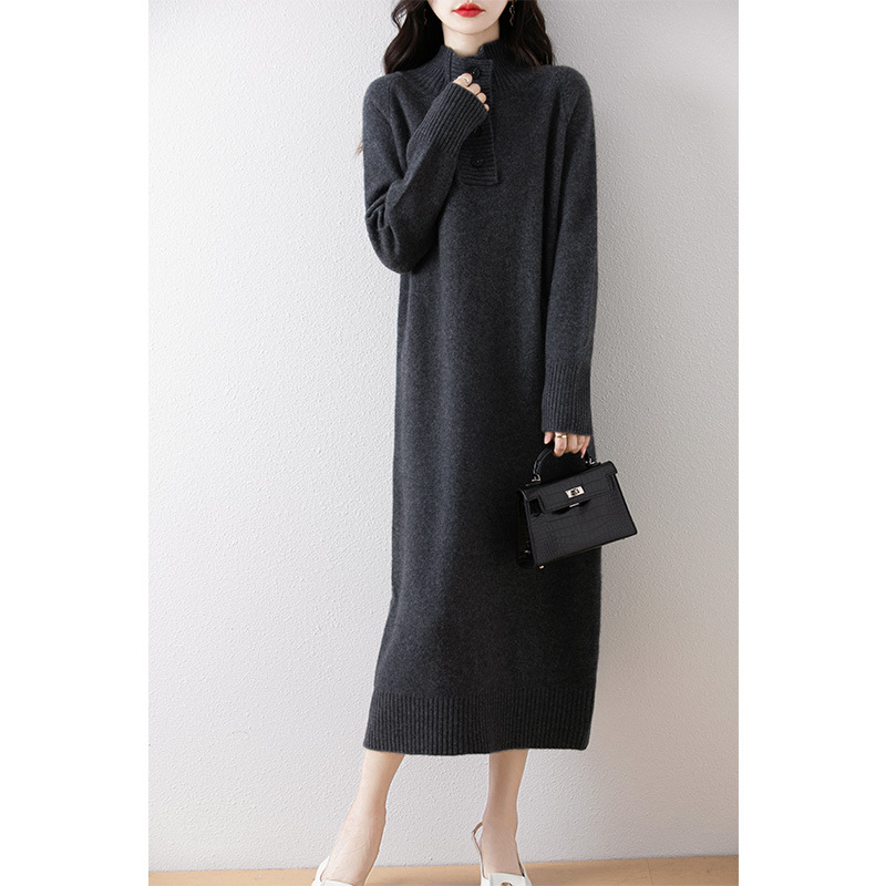 ウールワンピース レディース ロング丈 ゆったり カジュアル 体型カバー ニットワンピース 厚手 ハーフオープンカラー ボタン付き ロングワンピース
