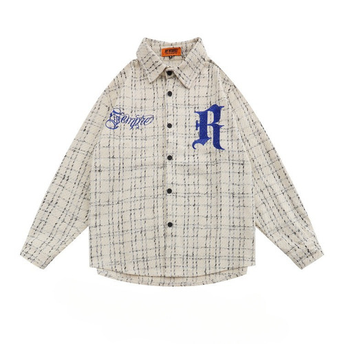 Men's Loose Long Sleeve Streetwear Embroidered Jacket Autumn Checkered Outerwear High Street Shirt