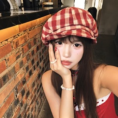 日系复古格纹贝雷帽子女款春秋大头围显脸小画家帽文艺百搭云朵帽