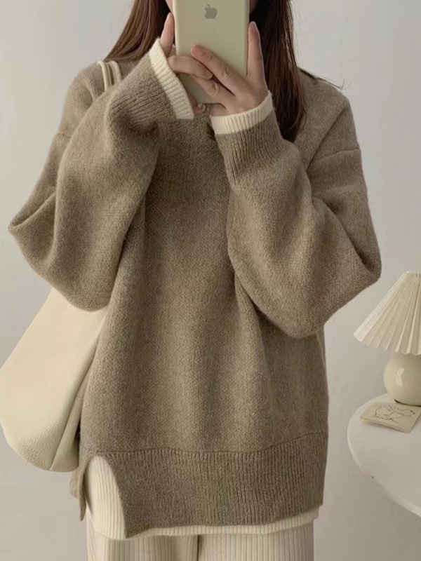 中长款毛衣女秋冬季外穿2025新款韩系宽松慵懒风假两件针织衫加厚|undefined