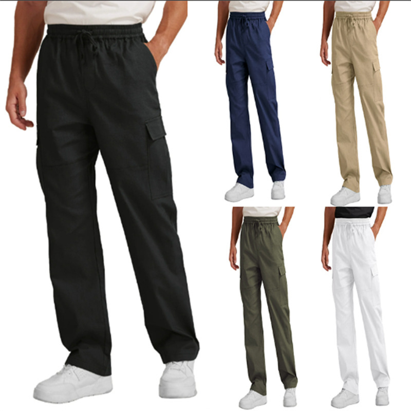 Men's Fashion Solid Color Drawstring Jogging Multi-Pocket Sports Pants Straight Crane Pants