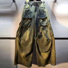 欧洲站2025秋装新款彩绘涂鸦高腰显瘦工装直筒牛仔裤长裤女裤子