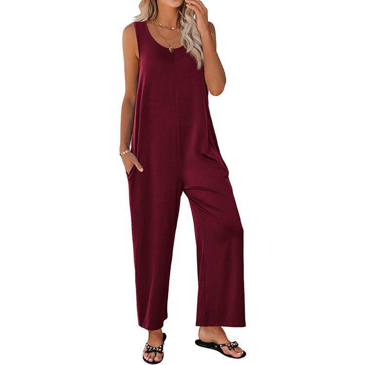 2024 Comercio exterior transfronterizo Amazon Europa y América del verano de las mujeres Sling flojo recto color sólido pierna ancha pantalones de una pieza liguero