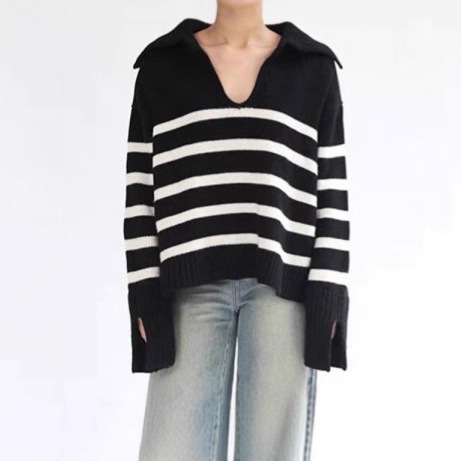 Clearance, No Returns or Exchanges~ Designer Boutique, Simple Style, V-Neck, Lapel, Black and White Striped, Loose Wool Sweater for Women