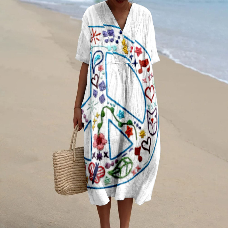 New Plus-Size Women's Shirt Dress with Pockets and Short Sleeves, Ocean-Themed Fish Vacation Style Dress