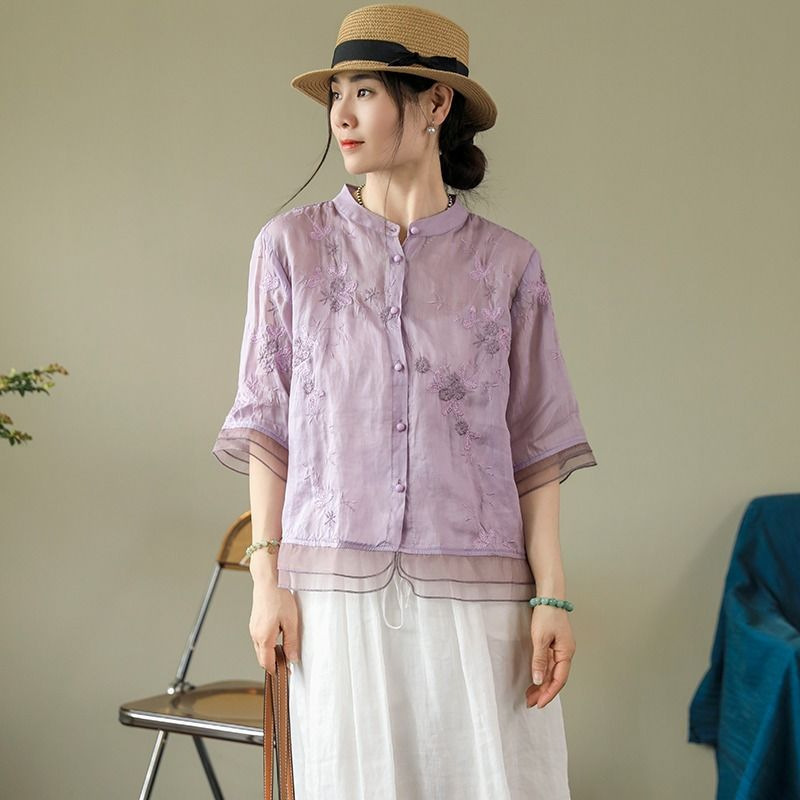 重工業刺繍綿とリネントップス七分袖エスニックスタイルスプライシングシャツ2025夏文学レトロ婦人服クラシック|undefined