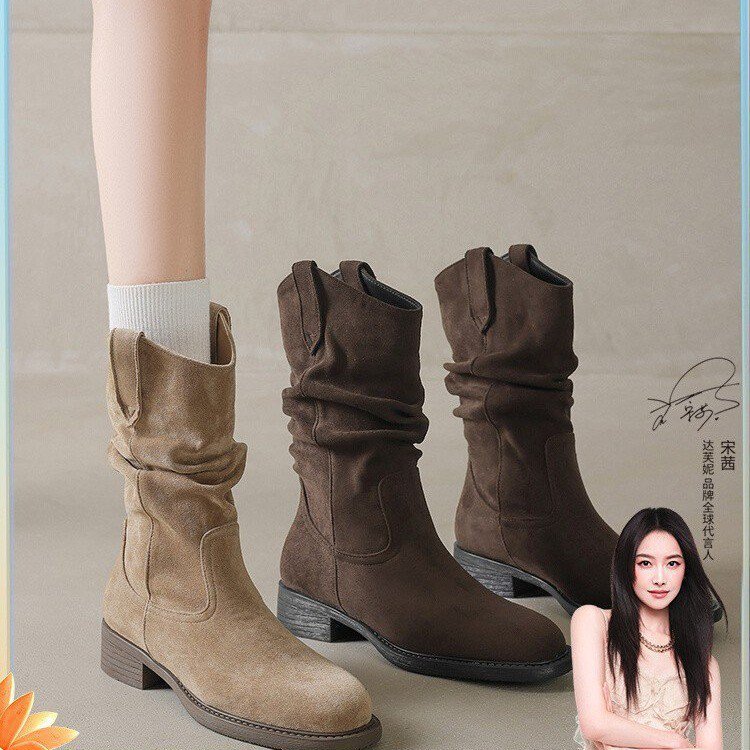 阿蔓诺堆堆靴子女夏季2025新款美拉德西部牛仔靴子中筒马丁靴春秋