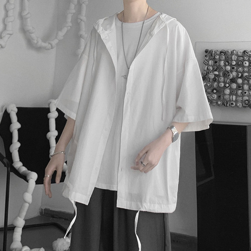 Thin, Loose, Fashionable Streetwear Hooded Sweatshirt, Shirt-like Outerwear for Men, Summer, Ins, Hong Kong Style, Japanese Style, Five-Button Sleeve