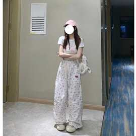 美式甜辣小碎花阔工装裤ins夏季新款显瘦百搭宽松甜美直筒休闲裤
