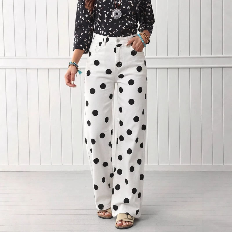 Cross-Border Pure Cotton Denim European and American Fashion Large Polka Dot Extended Floor-Length Wide-Leg Pants Temu Shein Tk Russian Foreign Trade