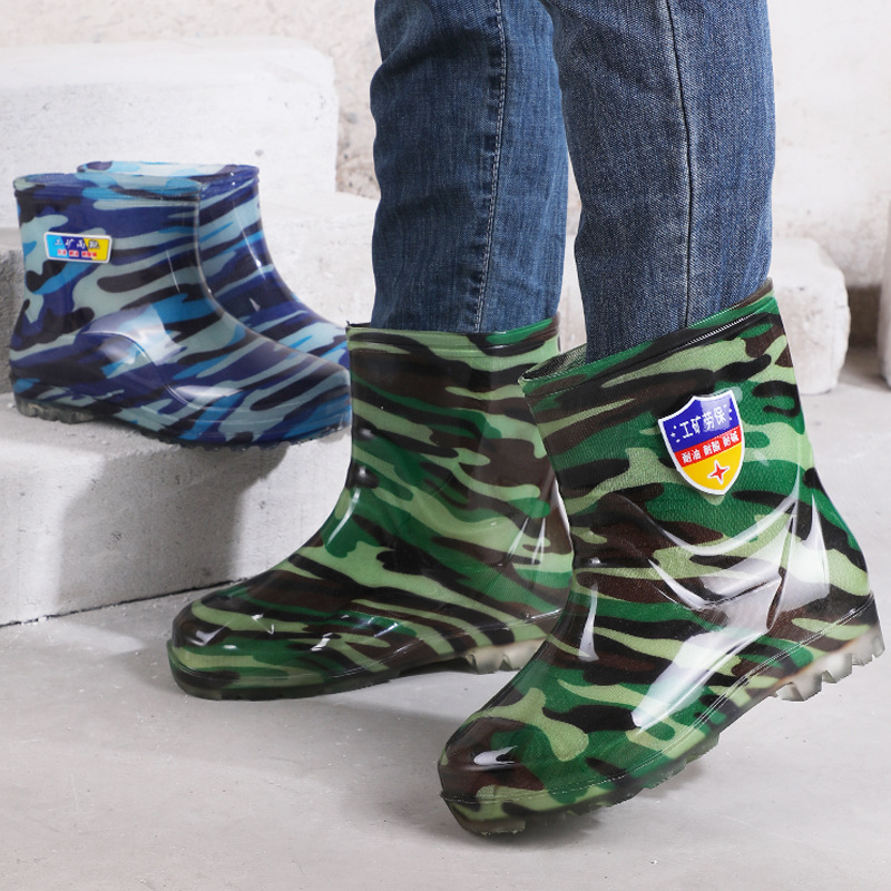 男士加厚迷彩雨鞋中筒防滑牛筋水鞋耐磨水鞋男款劳保胶鞋包邮代发
