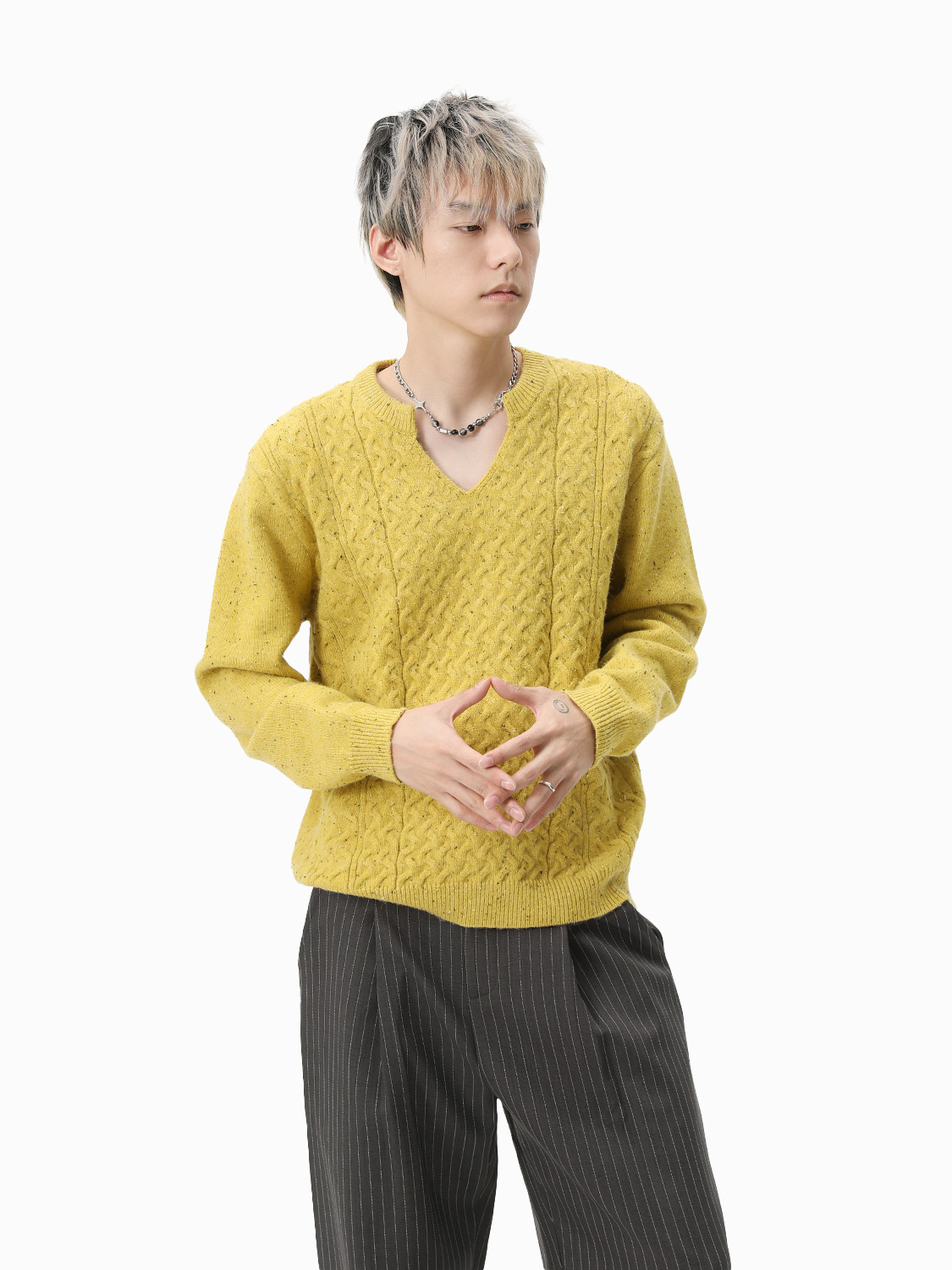 MTLCLOTHES Hombres| Retro viejo estilo corto V-collar torcido flojo hookah suéter de punto casual