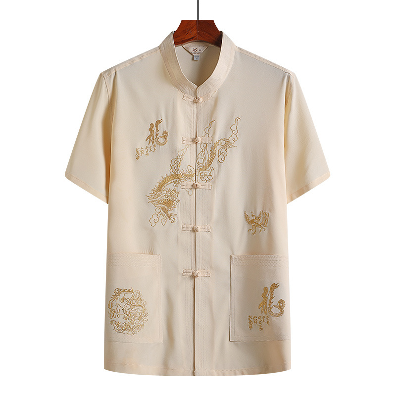 Summer men's Tang suit middle-aged and elderly dad wear Chinese style dragon embroidered short-sleeved shirt middle-aged ethnic clothing