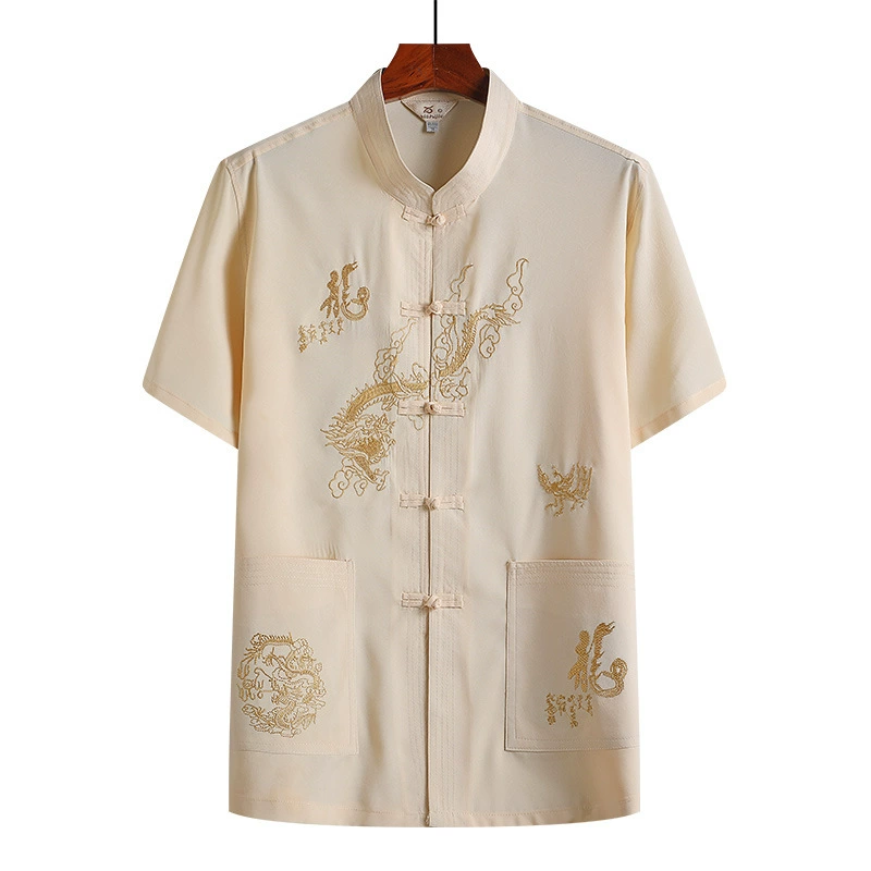 Летний мужской костюм Тан, папа среднего и пожилого возраста носит рубашку с короткими рукавами и вышивкой дракона в китайском стиле, Этническая одежда среднего возраста