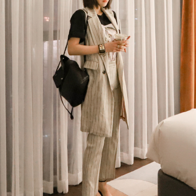 Cross-border 2025 estilo coreano delgado traje cuello a rayas chaqueta sin mangas cintura delgada pantalones de cadera traje de dos piezas