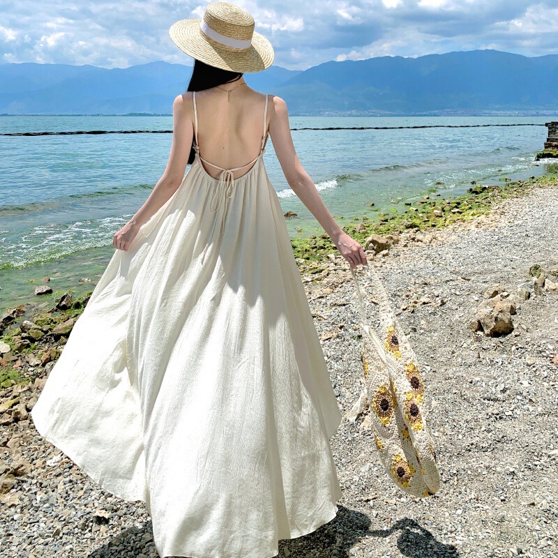 Princess Seaside Vacation Backless Suspender Dress Women's Summer Spring Lace Elegant White Long Dress