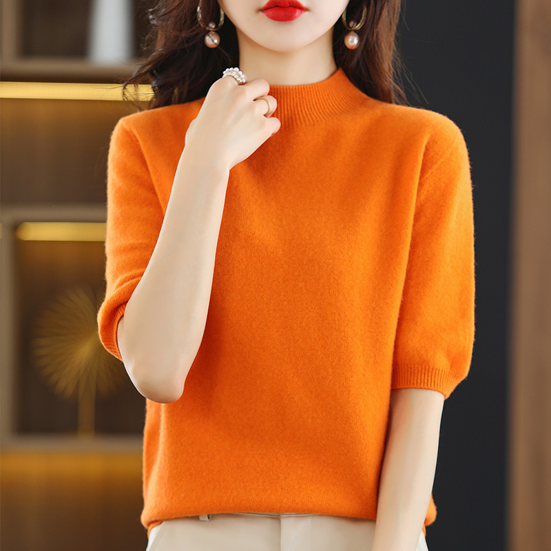 Cross-Border 2025 Spring and Autumn New Style Half-High Collar Mid-Sleeve Base Shirt Thin Sweater Women's Loose Knitwear Short Sleeve Five-Quarter Sleeve