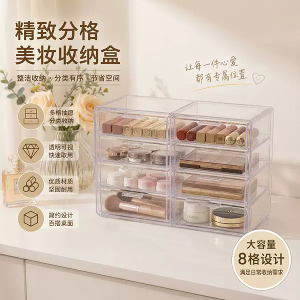 Factory direct thickened transparent 8-compartment drawer storage box for desktop and wall-mounted small items and miscellaneous items. Bulk orders are negotiable