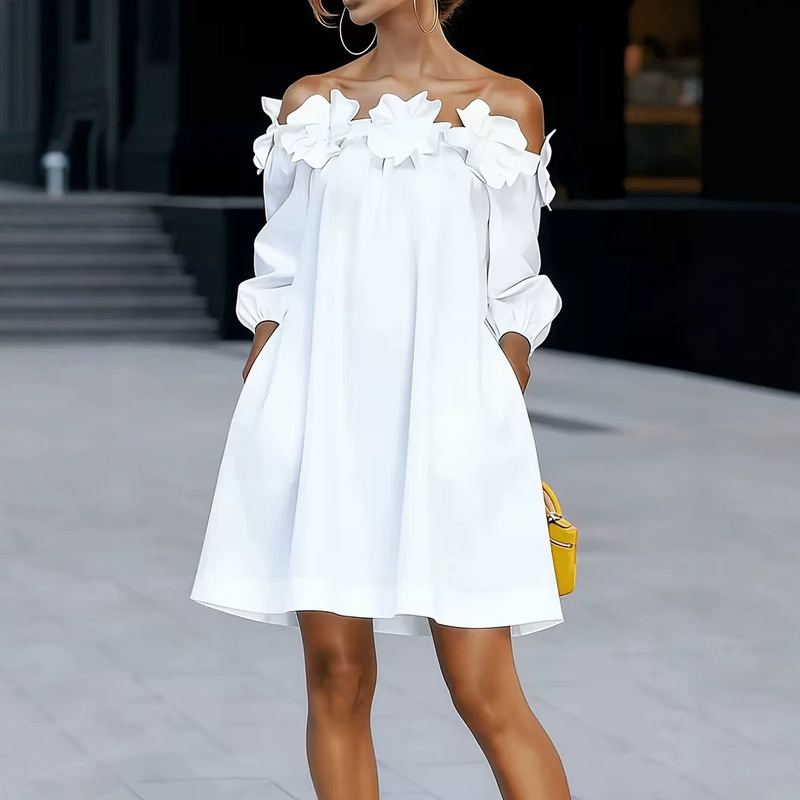European and American style white off-shoulder dress for women with three-dimensional floral design, one-shoulder neckline, loose fit, slimming short dress with pockets European and American style white off-shoulder dress for women with three-dimensional floral design, one-shoulder neckline, loose fit, slimming short dress with pockets