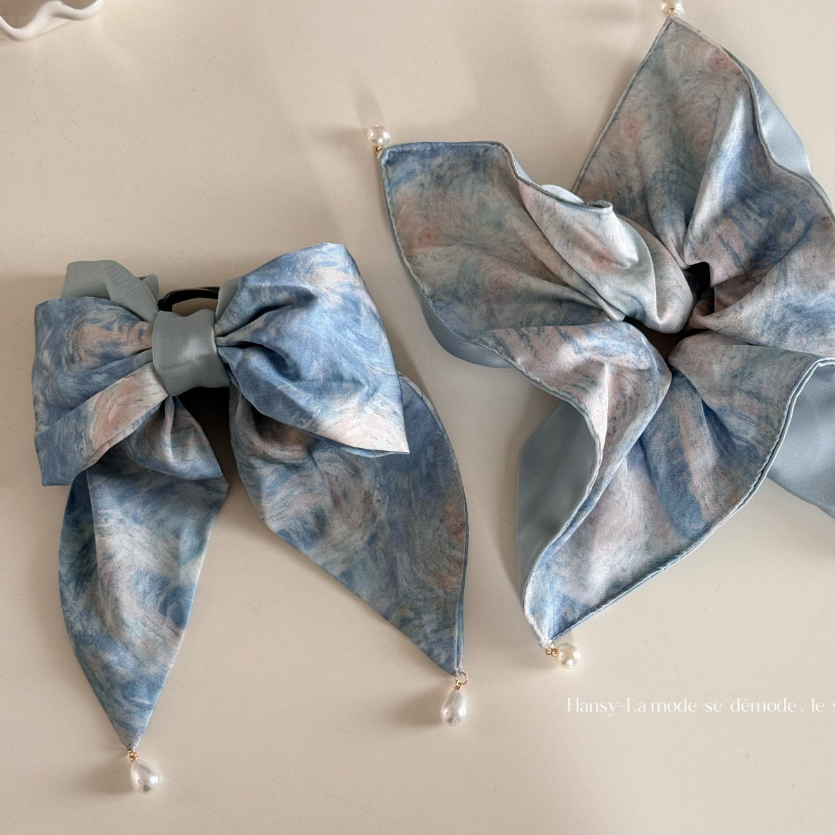 Monet Starry Sky Oil Painting Style Grab Clip Japanese and Korean Temperament Pearl Pendant Pontail Grab Clip Shark Clip Hairpin Hair Accessories New Style