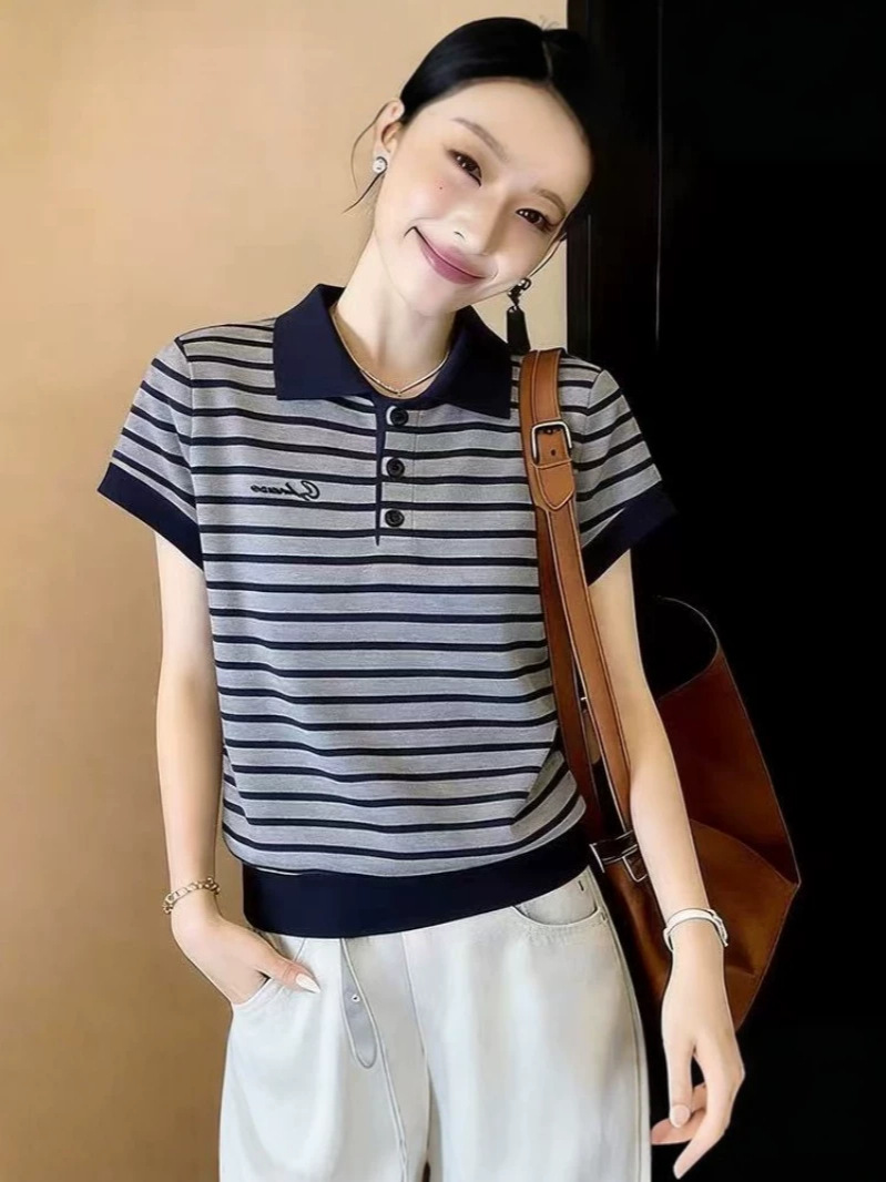 Áo thun polo nữ tay ngắn sọc kẻ phong cách Hàn Quốc — Sọc