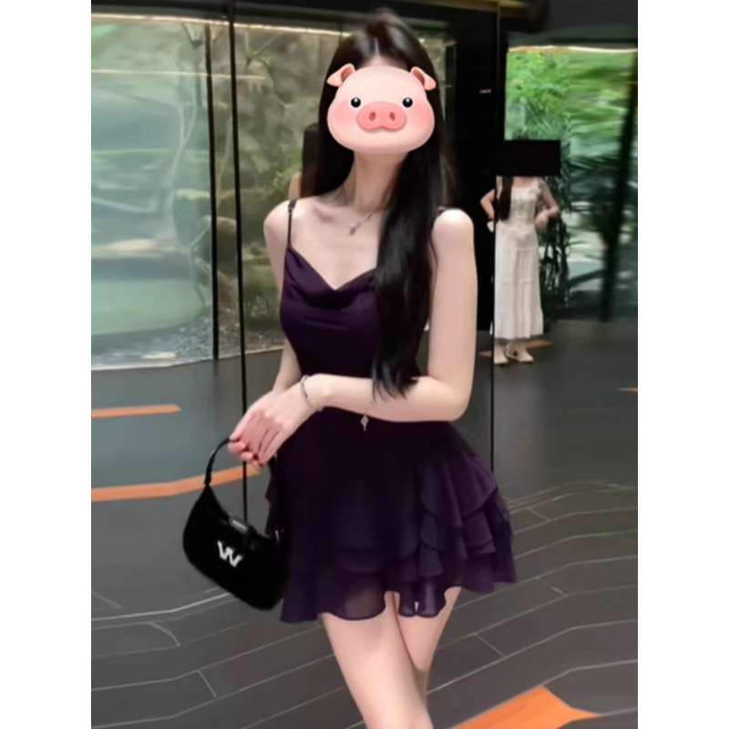 Purple Chiffon Halter Neck Dress for Women, Summer Elegant Bodycon Dress, High-Class Mature Style, Off-Shoulder Strapless Dress