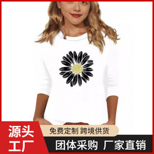 跨境2024亚马逊速卖通欧美新款女装圆领七分袖宽松印花T恤女士上